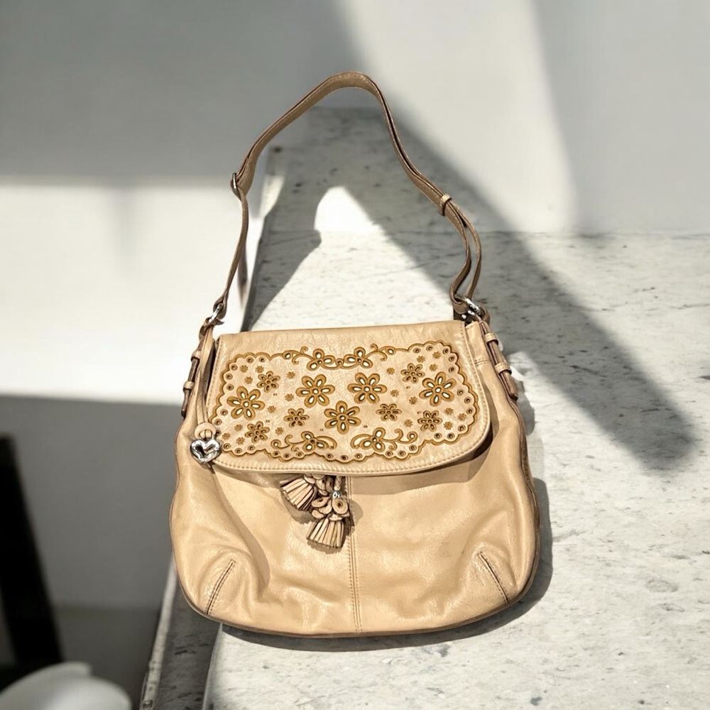 Brighton Embroidered Elegant Tan Leather Shoulder Bag